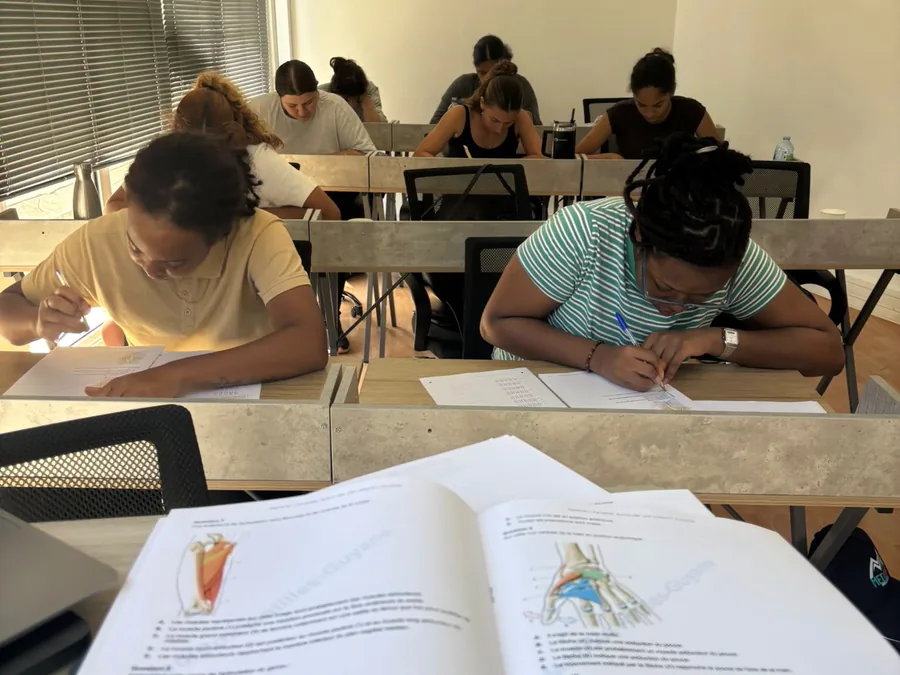 Étudiantes travaillant sur les polycopiés d'anatomie